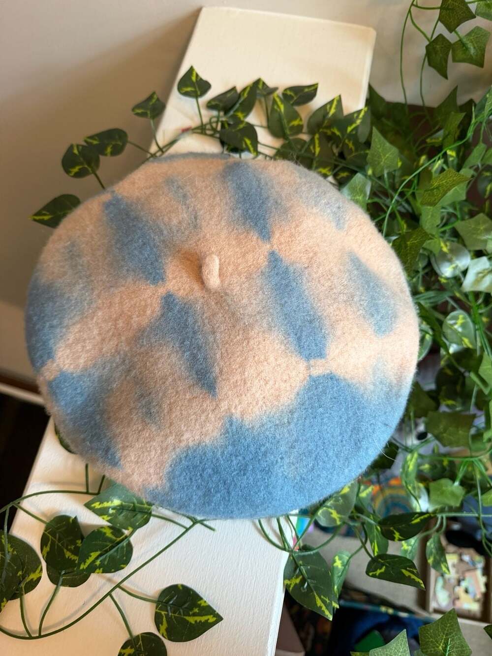 Free People Blue and Beige Wool Tie-Dye Beret